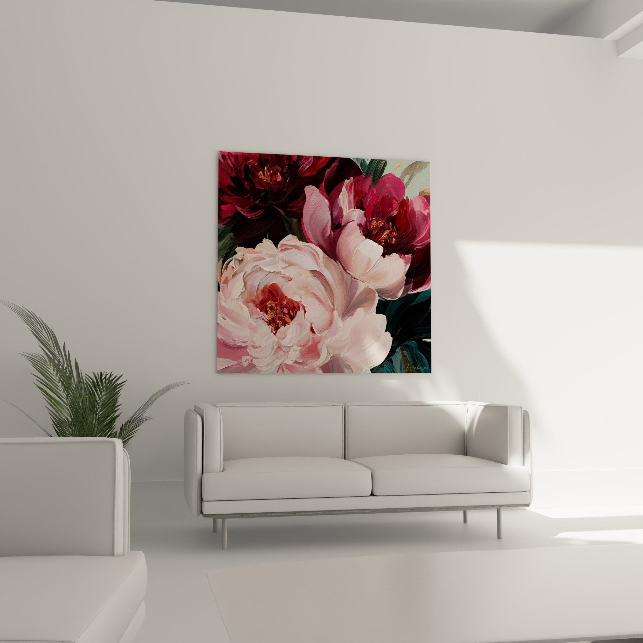 Fleurs de pivoine roses et vertes profondes, cœurs dorés, disposées au-dessus d'un canapé dans un salon lumineux