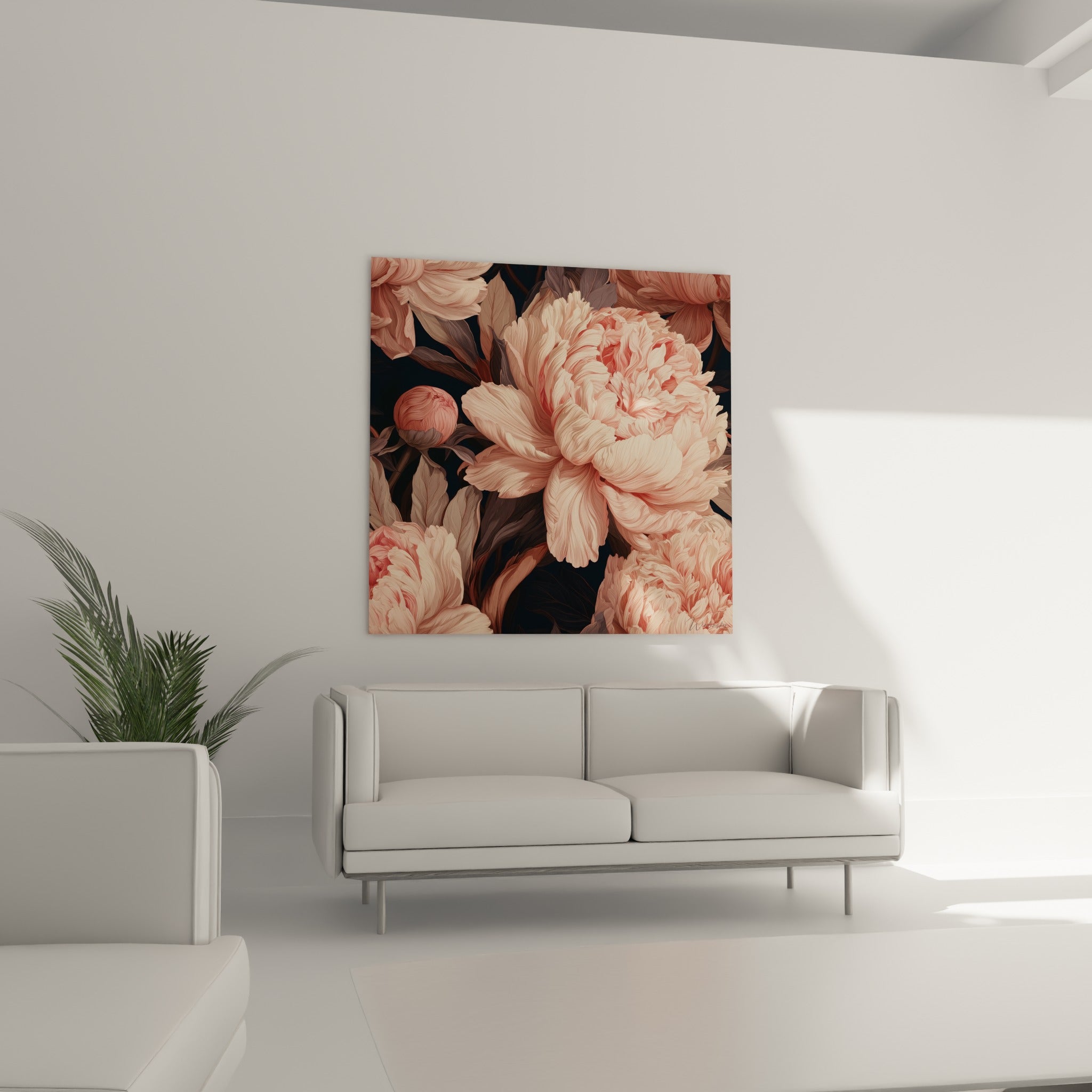 Pivoine saumon et anthracite, corolle dense, au-dessus d'un canapé dans un salon lumineux
