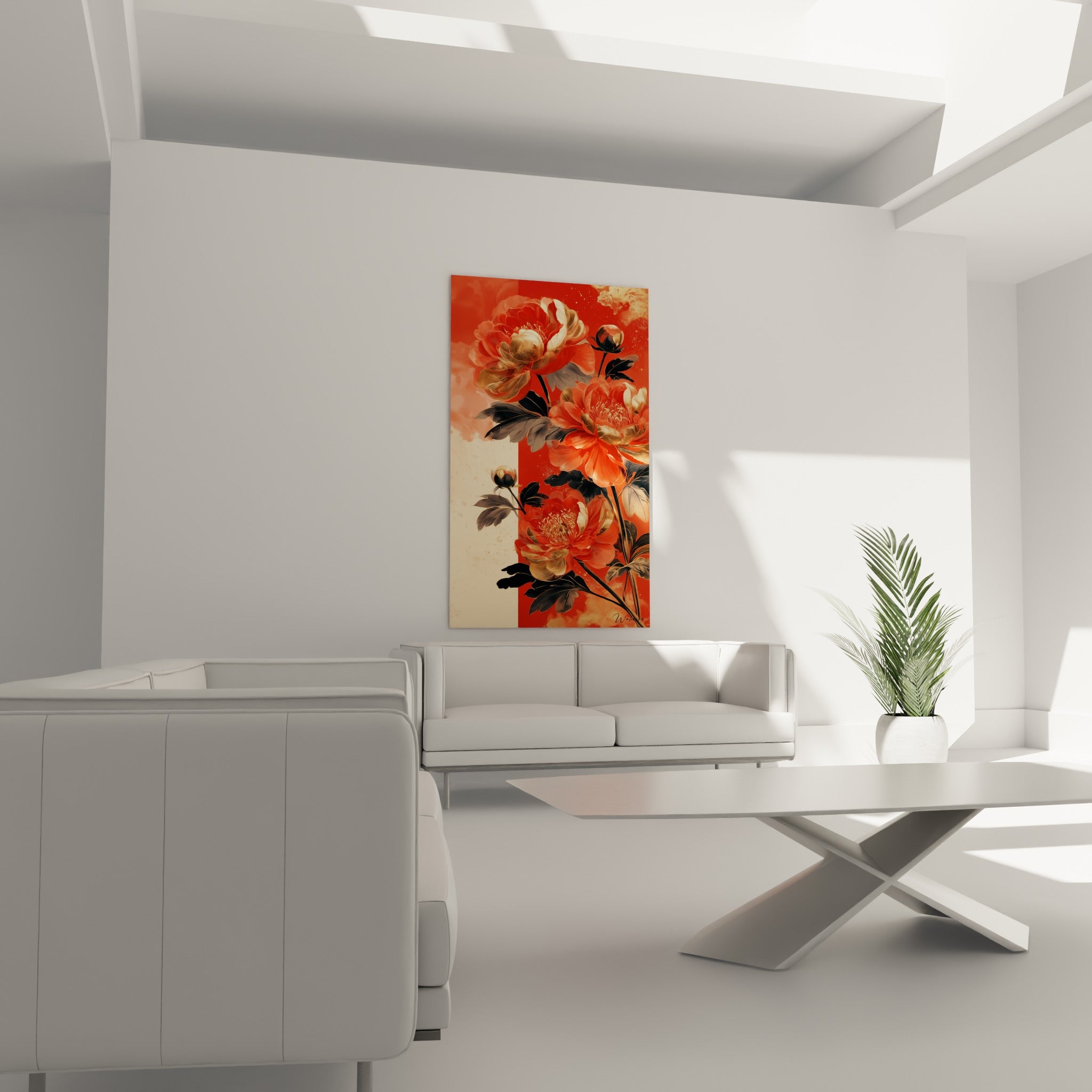 Bouquet de pivoine terracotta et feuillage sombre accroché au-dessus d'un canapé dans un salon lumineux