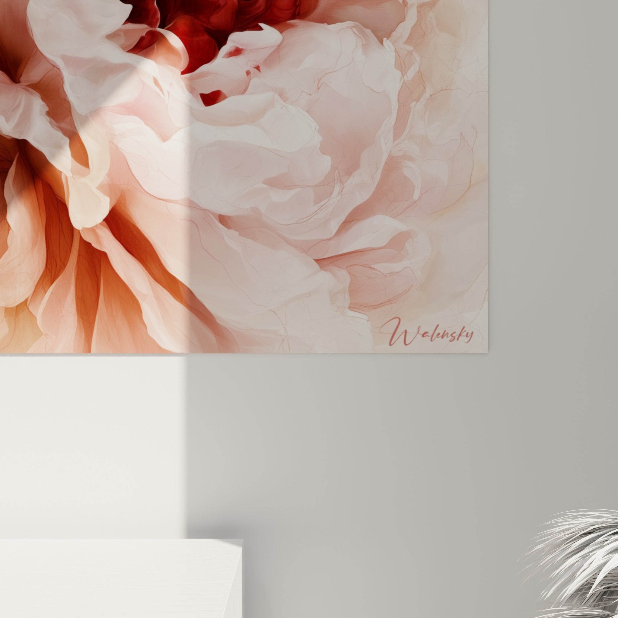 Empâtements roses et coulures bordeaux sur la toile, grain fin et nuances de la pivoine visibles de près