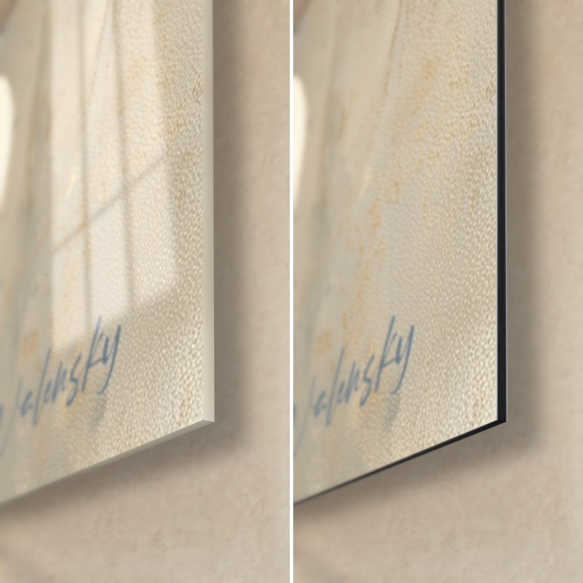 Gemälde mit weißen Pfingstrosen, untere rechte Ecke: glänzendes Acrylglas, das das Licht reflektiert, matte Dibond-Aluminiumplatte, schwarze Kante von 3 mm