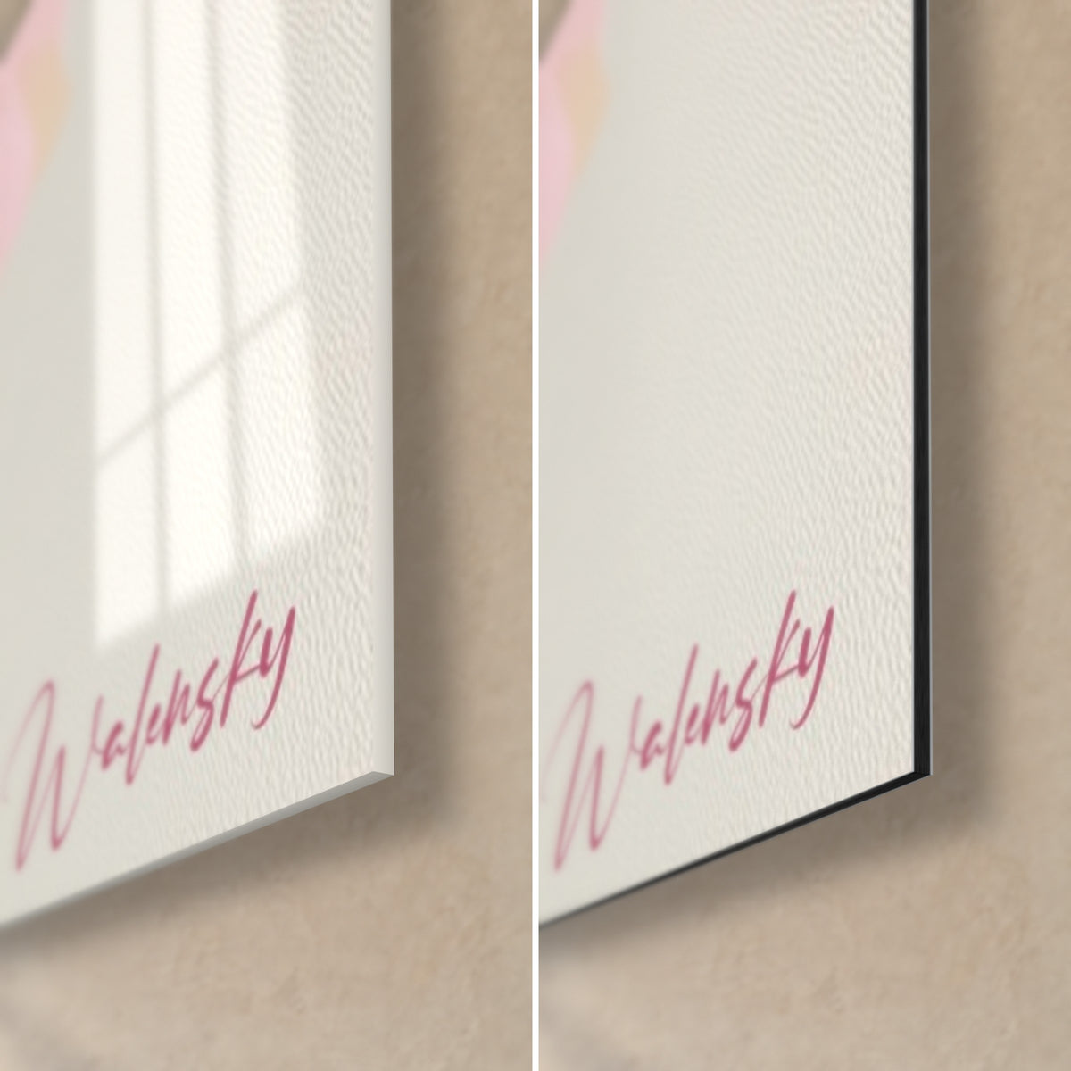 Schilderij roze pioen met fuchsia bloemblaadjes, rechtsonder de hoek: glanzend acrylglas links, mat zwart Dibond-aluminium rechts, 3 mm rand
