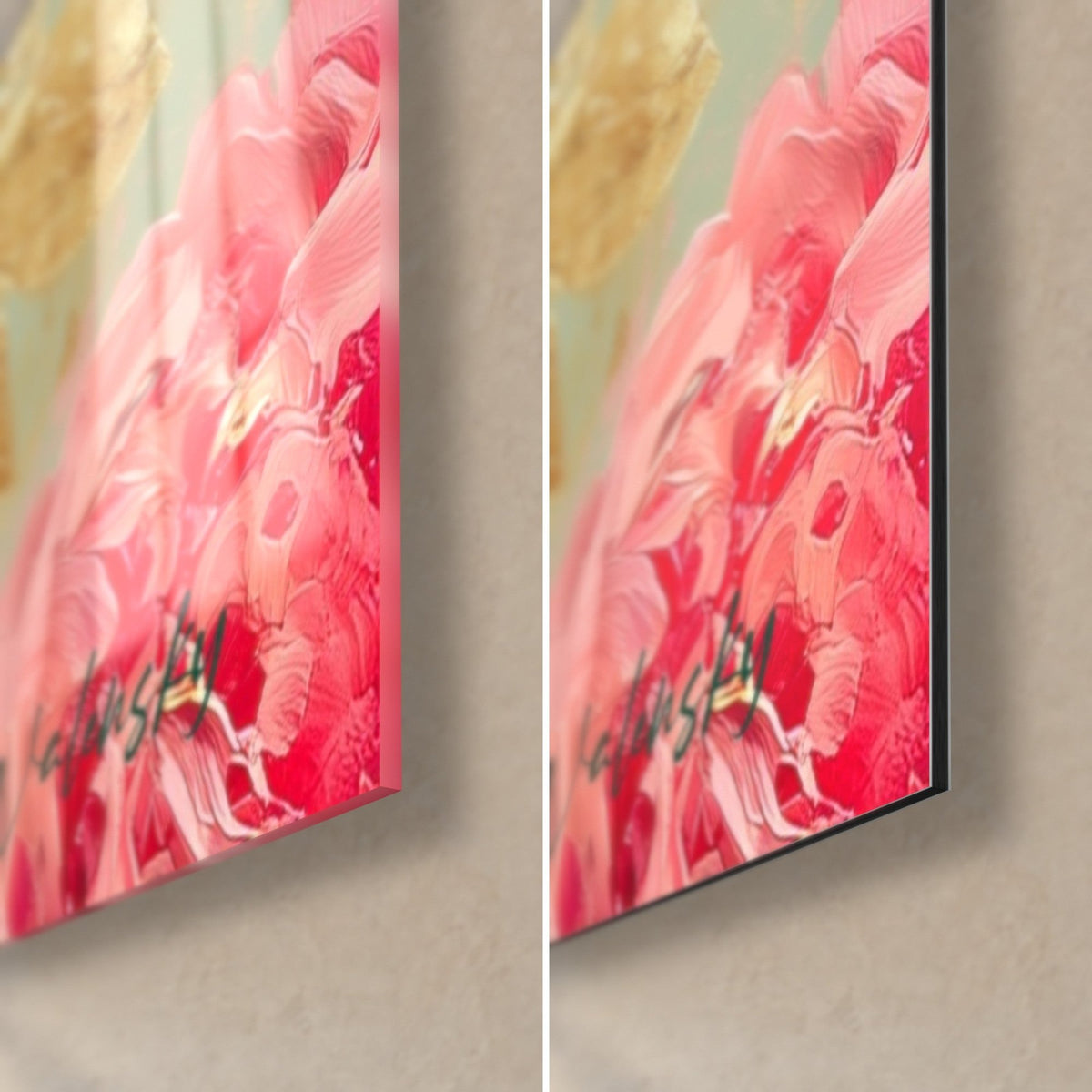 Tableau pivoine rose en empâtements de peinture, coin bas droit : verre acrylique brillant à gauche, alu Dibond mat à droite