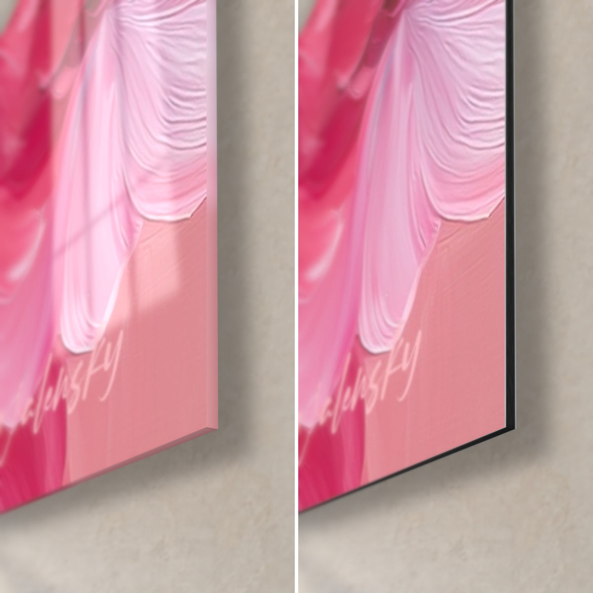 Wall art oil-painted peonies, bottom right corner: glossy pale pink acrylic glass and matte black Dibond edge, 3 mm