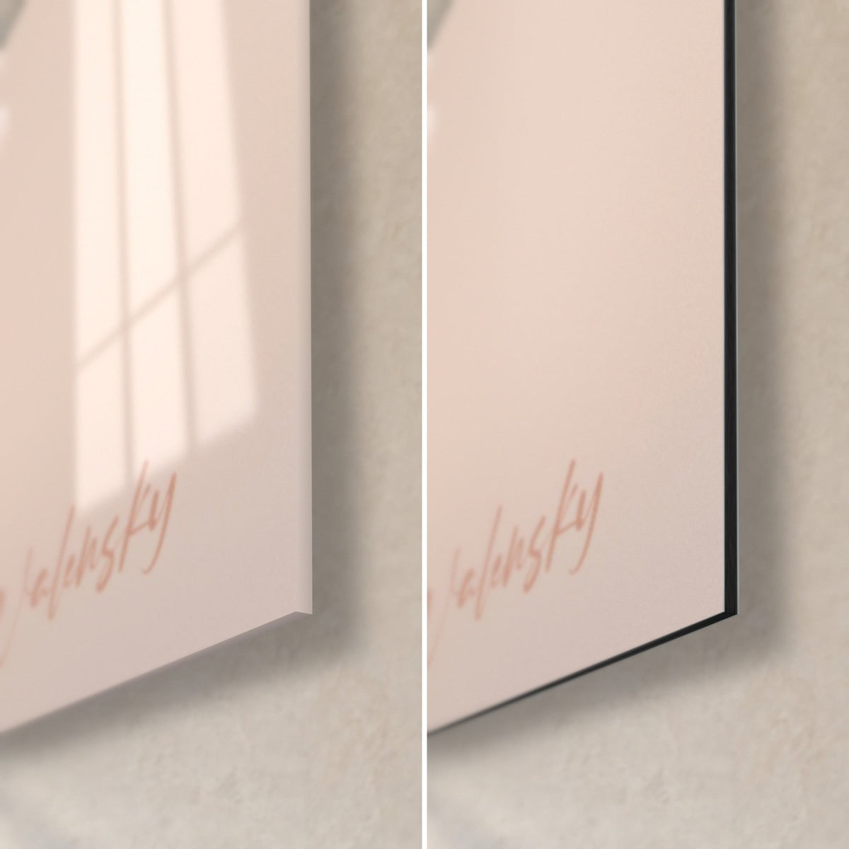 Wall art Pale pink peony, bottom right corner: glossy acrylic glass reflecting the window on the left, matte black Dibond and thin edge on the right