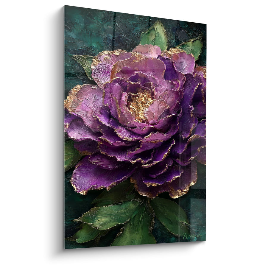Tableau fleur violette dorée aux pétales texturés et centre lumineux - Éclat Floral - Edition Feng shui Sud-Est Bois