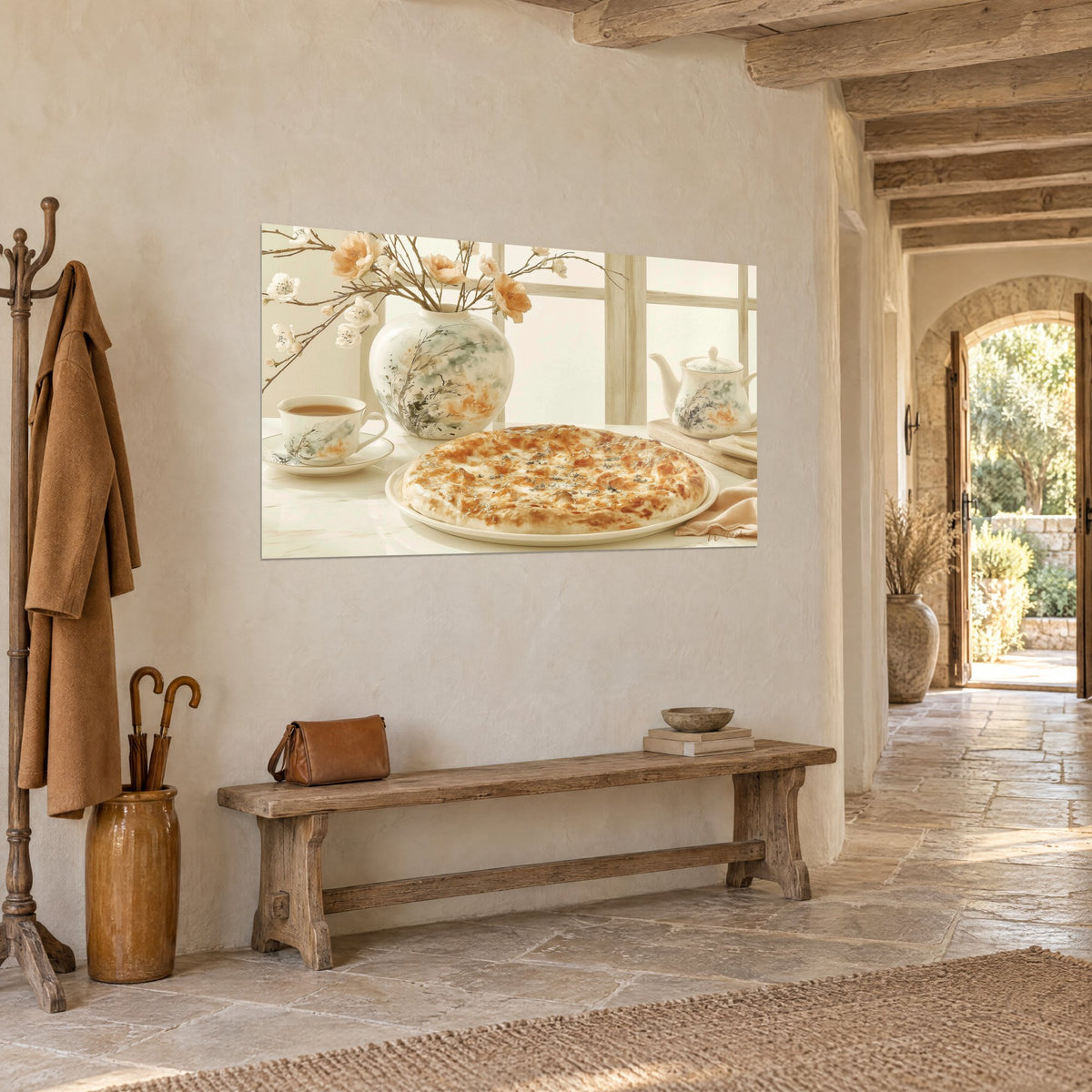 Gemälde Knusprige Galette in Ocker und Weiß, bemalte Porzellanteekanne, Teetasse, in einem Eingang mit Steinboden und Fliesen