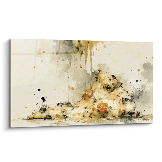 Part de pizza aquarelle beige et fauve, coulures de fromage sur fond crème délavé