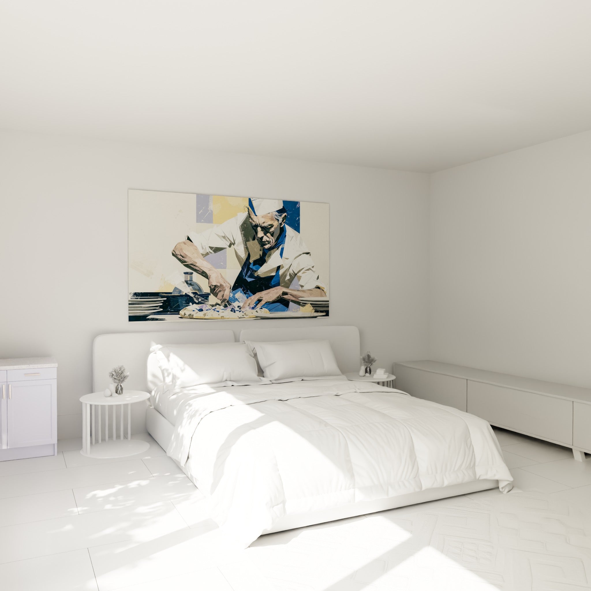 Cuisinier en blanc et bleu penché sur sa pizza, tableau accroché au-dessus d'un lit dans une chambre claire.