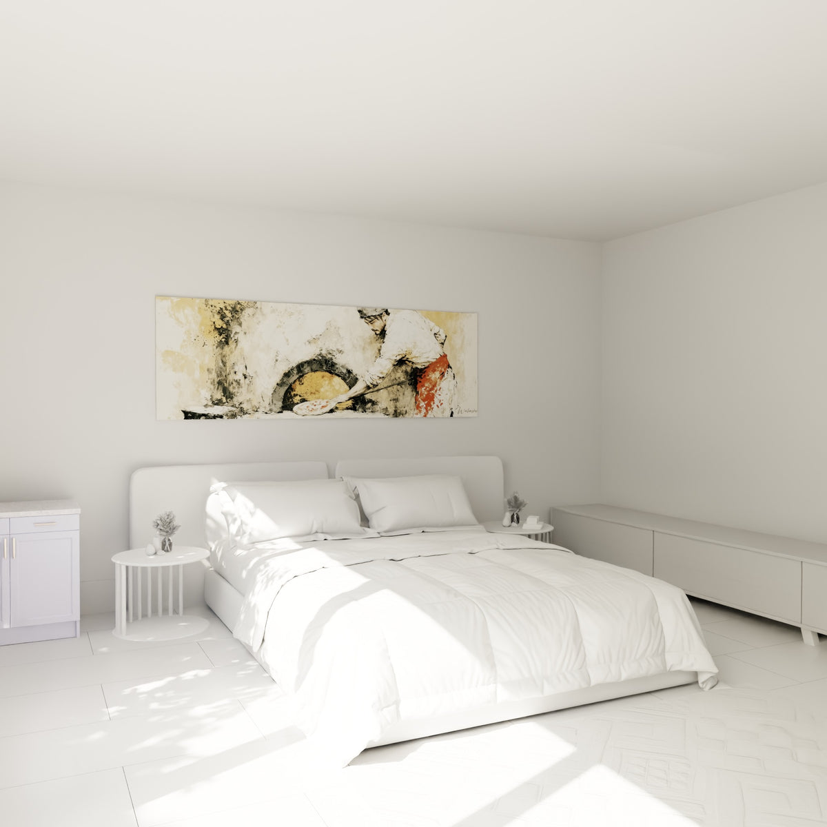 Artisan en tablier terracotta glissant une pizza, au-dessus d'un lit dans une chambre claire