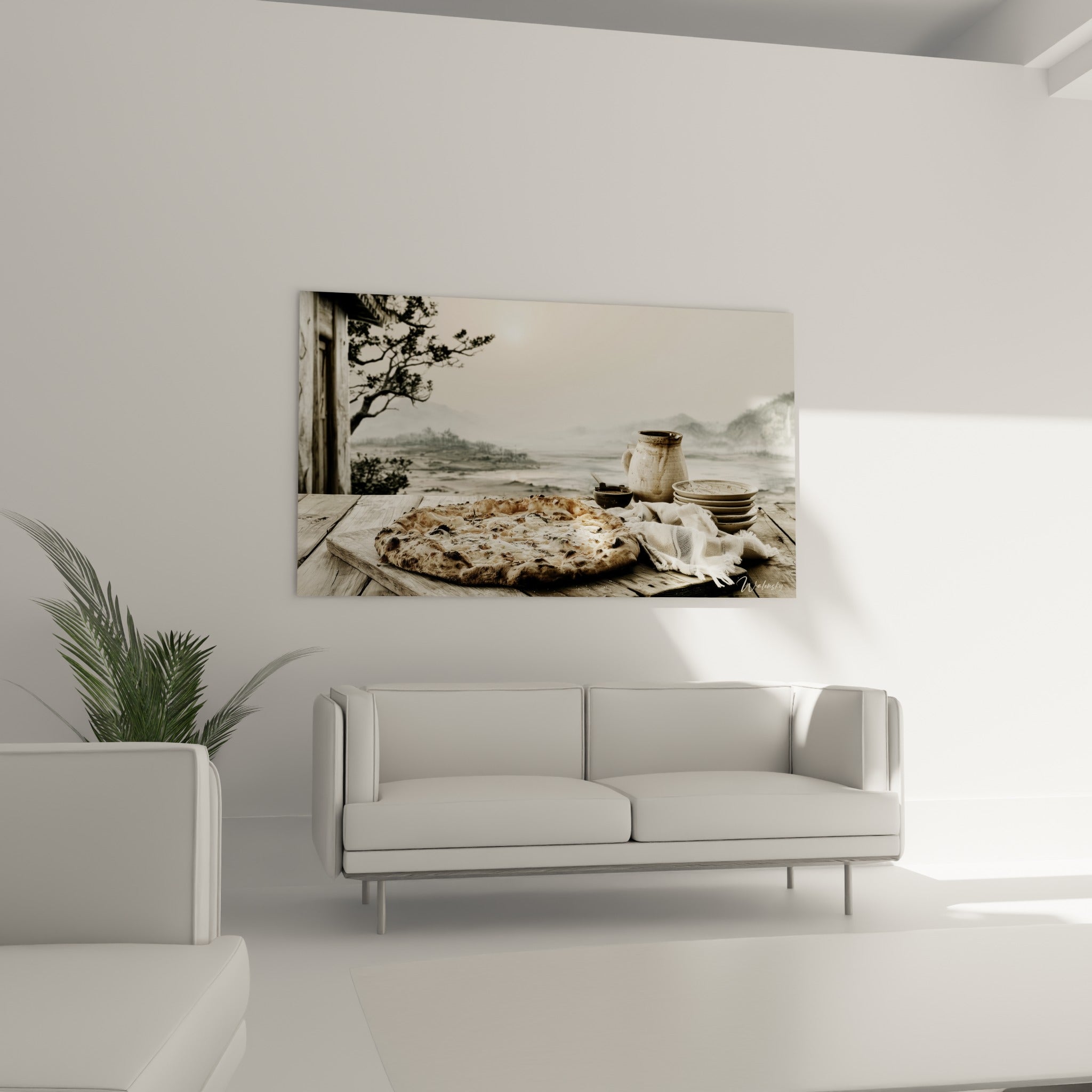 Croûte dorée et nappe blanche froissée sur ce tableau pizza, au-dessus d'un canapé dans un salon lumineux