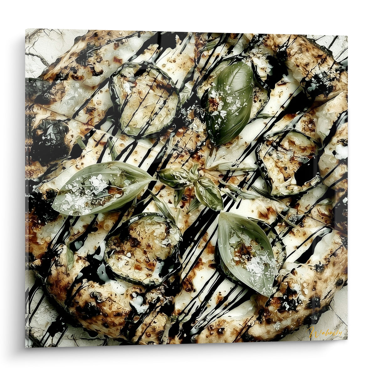 Pizza vue de dessus aux tons crème et vert basilic, coulis noir graphique traversant la pâte dorée