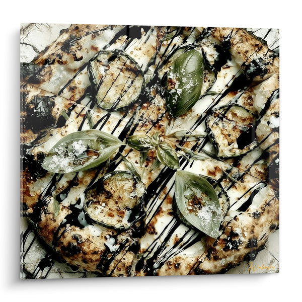 Tableau Pizza blanche et noire aux feuilles givrées - Traits de sauce balsamique - Edition Pizza