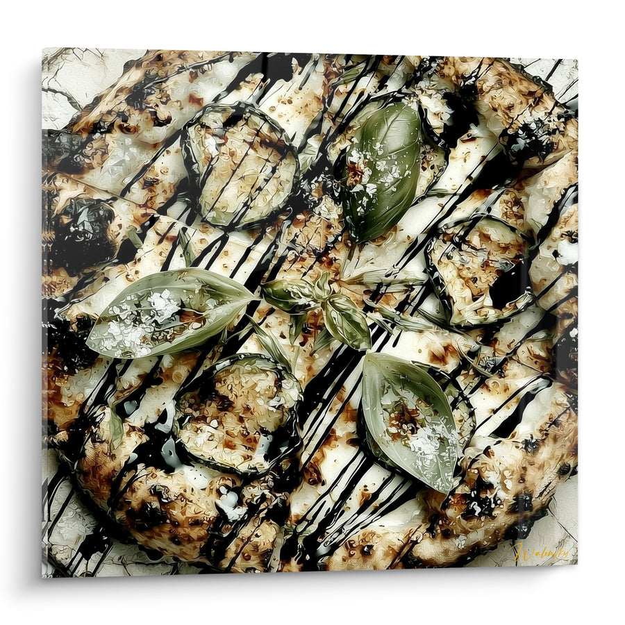 Dipinto Pizza bianca e nera con foglie ghiacciate - Tratti di salsa balsamica - Edizione Pizza