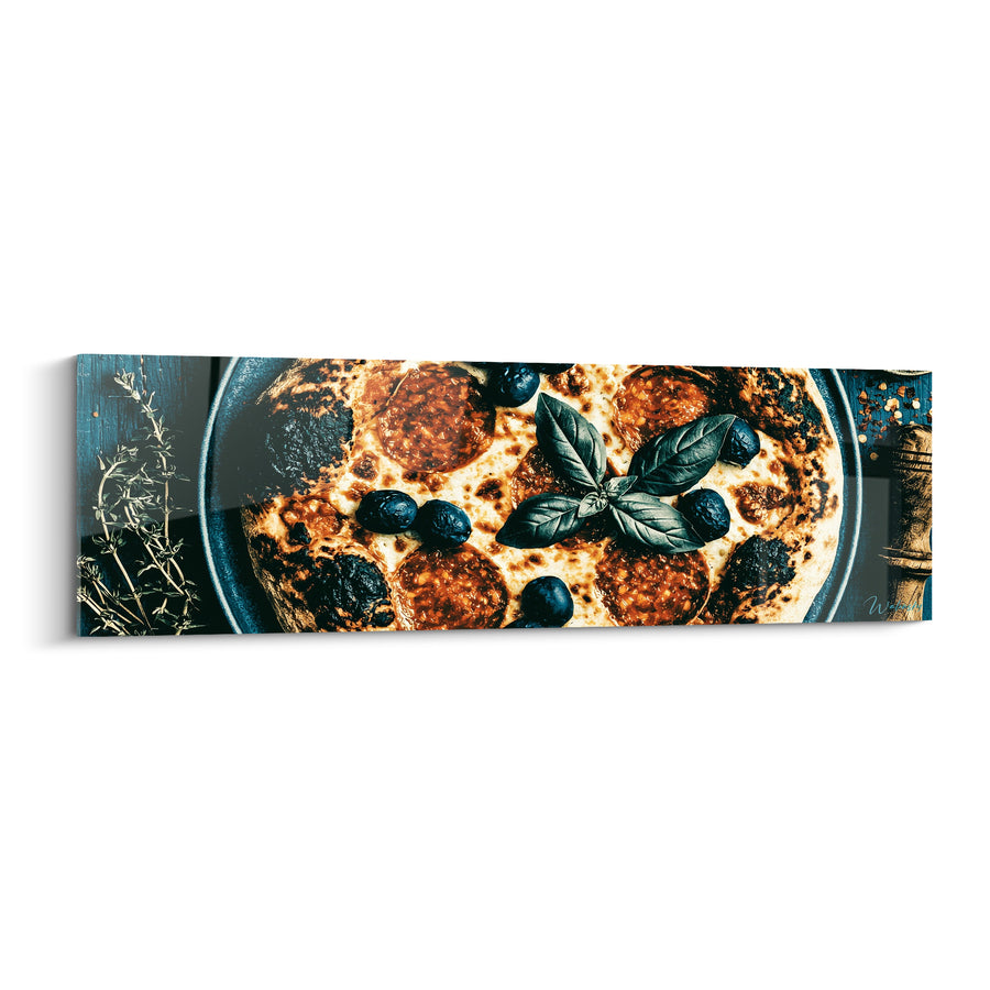 Tableau Pizza dorée et noire au pepperoni grillé - Brins de thym séchés - Edition Pizza