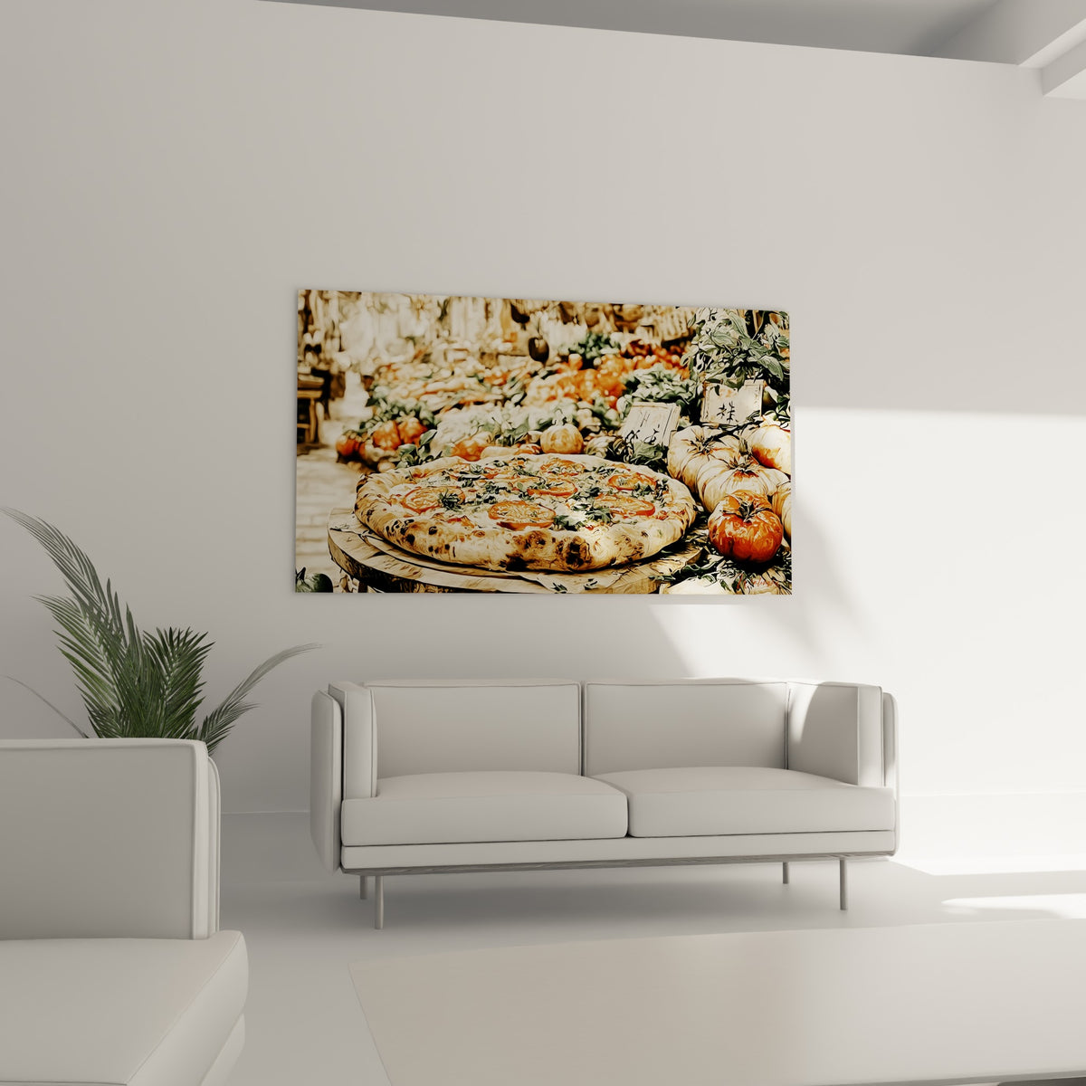 Composition gourmande ocre et rouge d'une pizza margherita au-dessus d'un canapé dans un salon lumineux