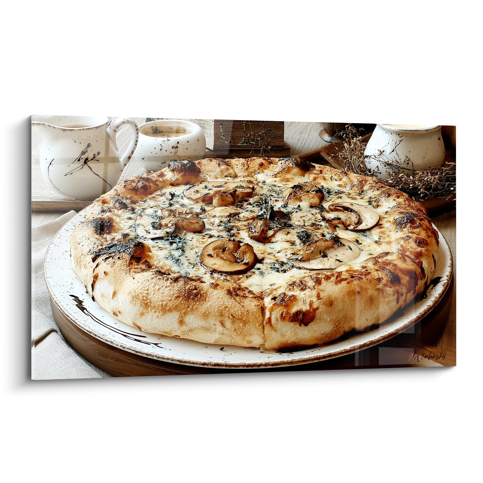 Pizza aux champignons et fromage fondu, croûte dorée brune sur assiette blanche mouchetée