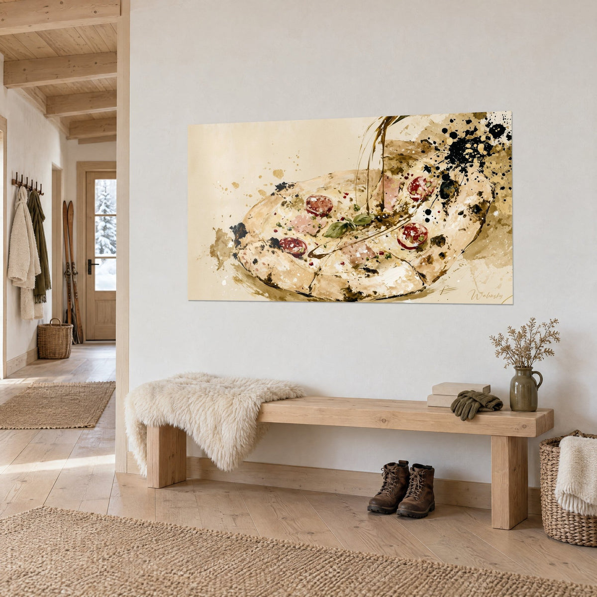 Gemälde Goldener Pizzaboden mit grünem Basilikum und rosa Schinken, bernsteinfarbener Ölfaden, an einer weißen Holzwand im Eingangsbereich mit Bank und Schuhen