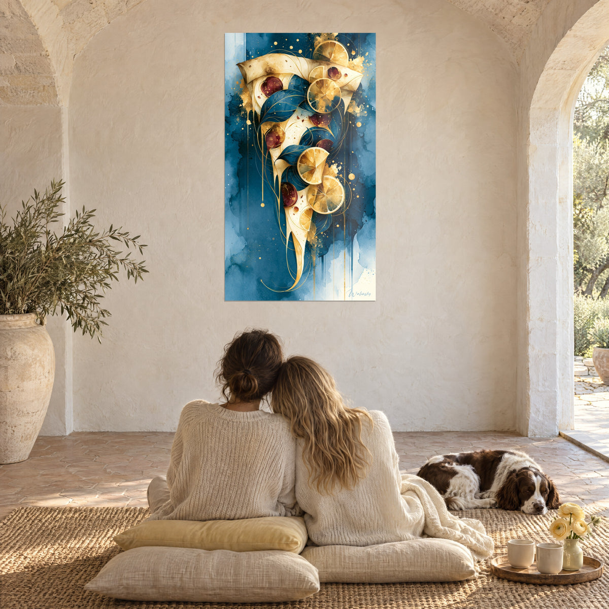 Tableau pizza dorée aux coulures d'or et feuillage bleu profond, deux personnes de dos et un spaniel dans un mas provençal