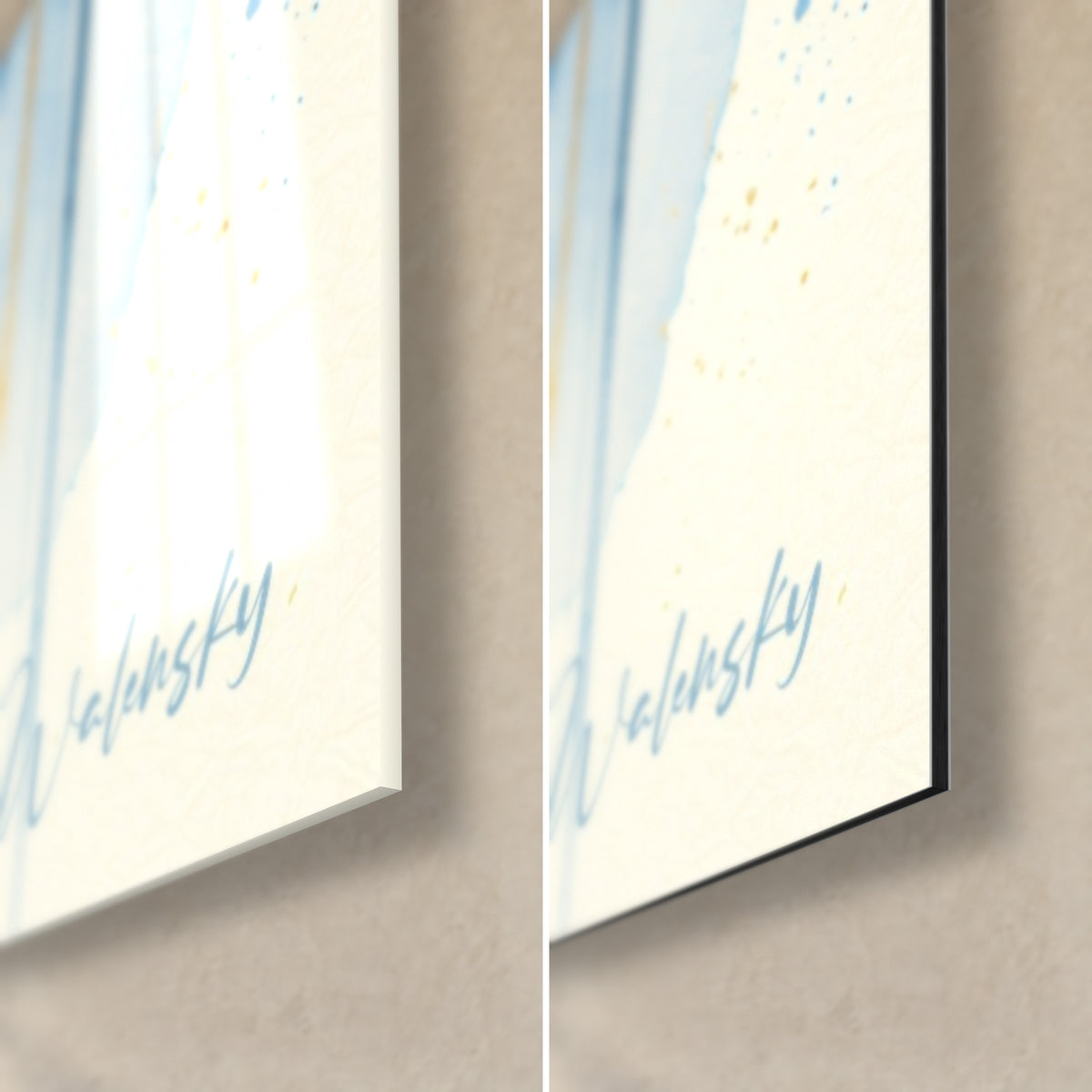 Wall art golden pizza, bottom right corner: glossy acrylic glass on the left, matte black Dibond aluminum on the right, blue Walensky signature
