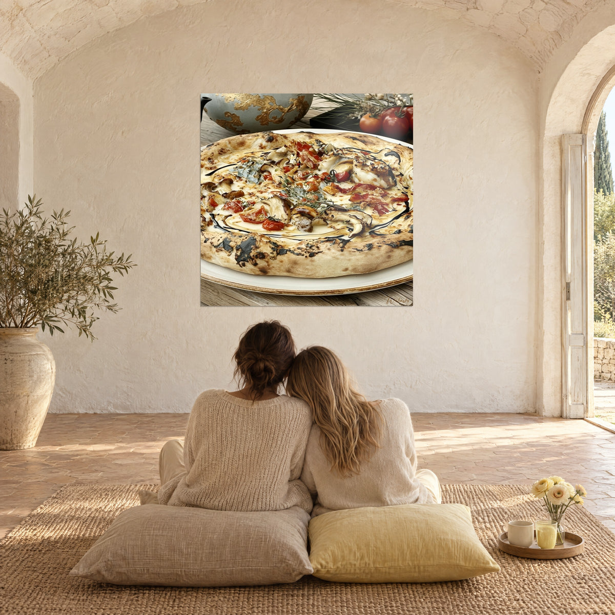 Tableau pizza artisanale aux tomates confites et champignons crème, croûte caramel, deux personnes de dos sur des coussins beige et jaune
