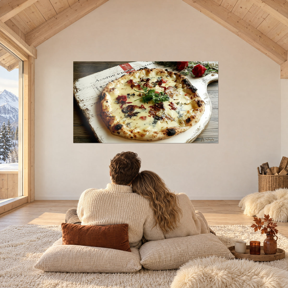 Quadro disco di pasta gratinato in crema e rosso brasato, prezzemolo verde in superficie, di fronte a una coppia su cuscini in uno chalet