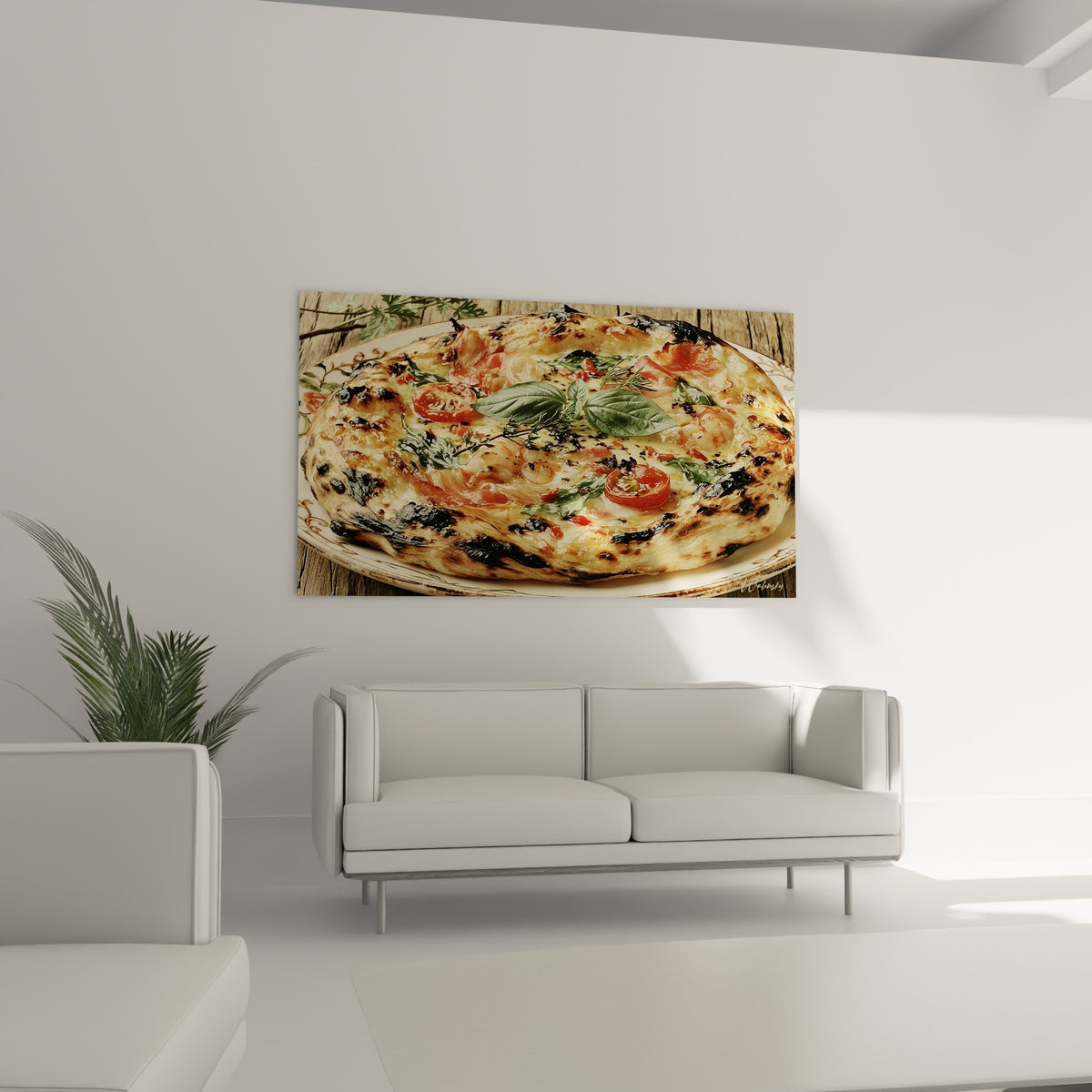 Pizza rustique croûte brûlée noir et or, tomates rouges et basilic frais, au-dessus d'un canapé dans un salon lumineux