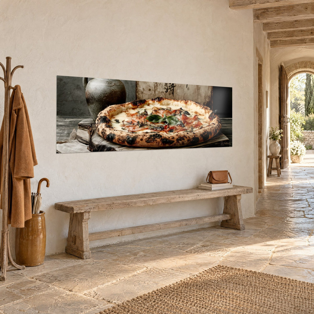 Wall art Golden dough flatbread with black spots, ivory mozzarella and a grey jug, three-quarter view, stone entrance
