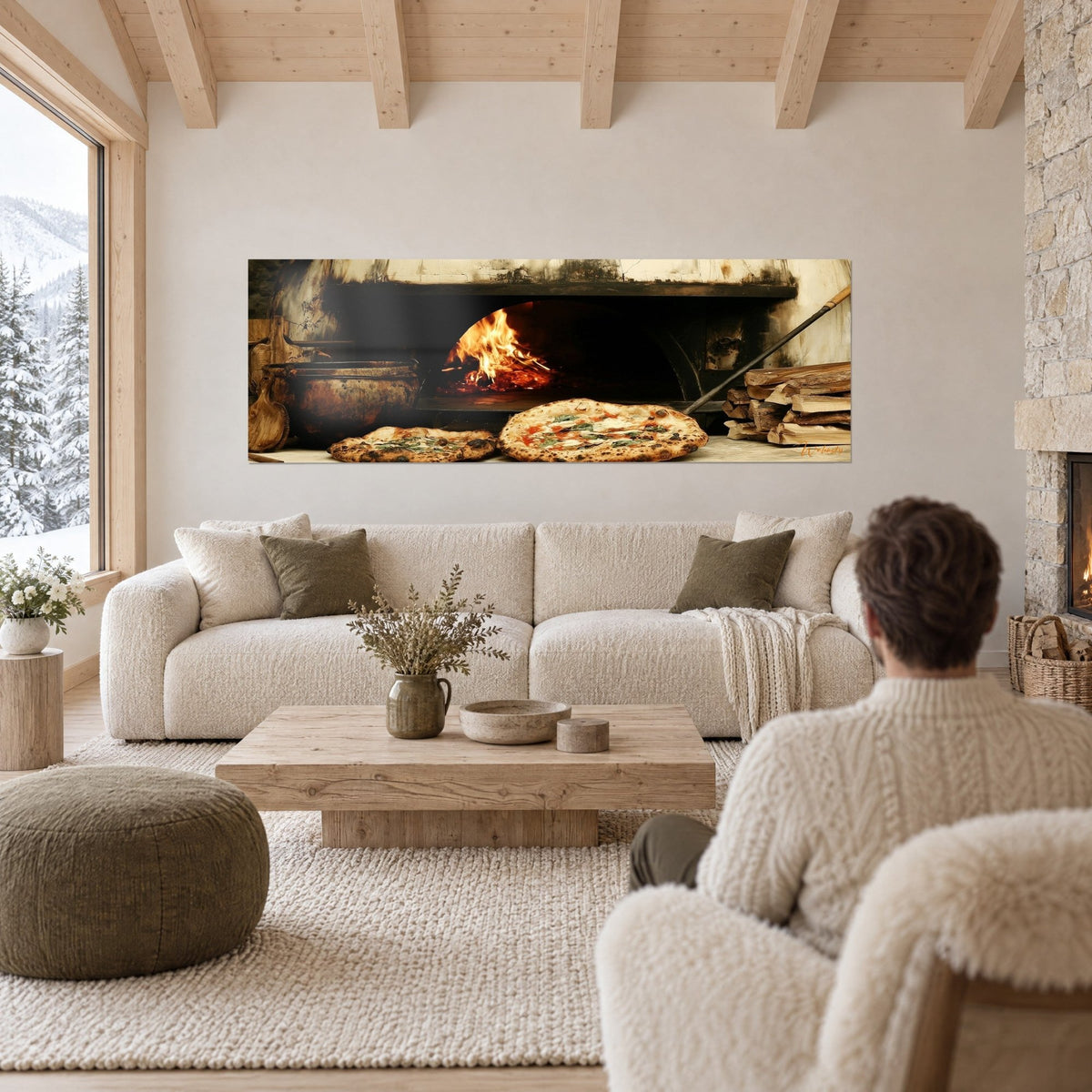 Gemälde Holzofen mit knisterndem Feuer, orangefarbene Flammen und goldene Pizzen auf weißem Stein, über einem Sofa in einem hellen Wohnzimmer