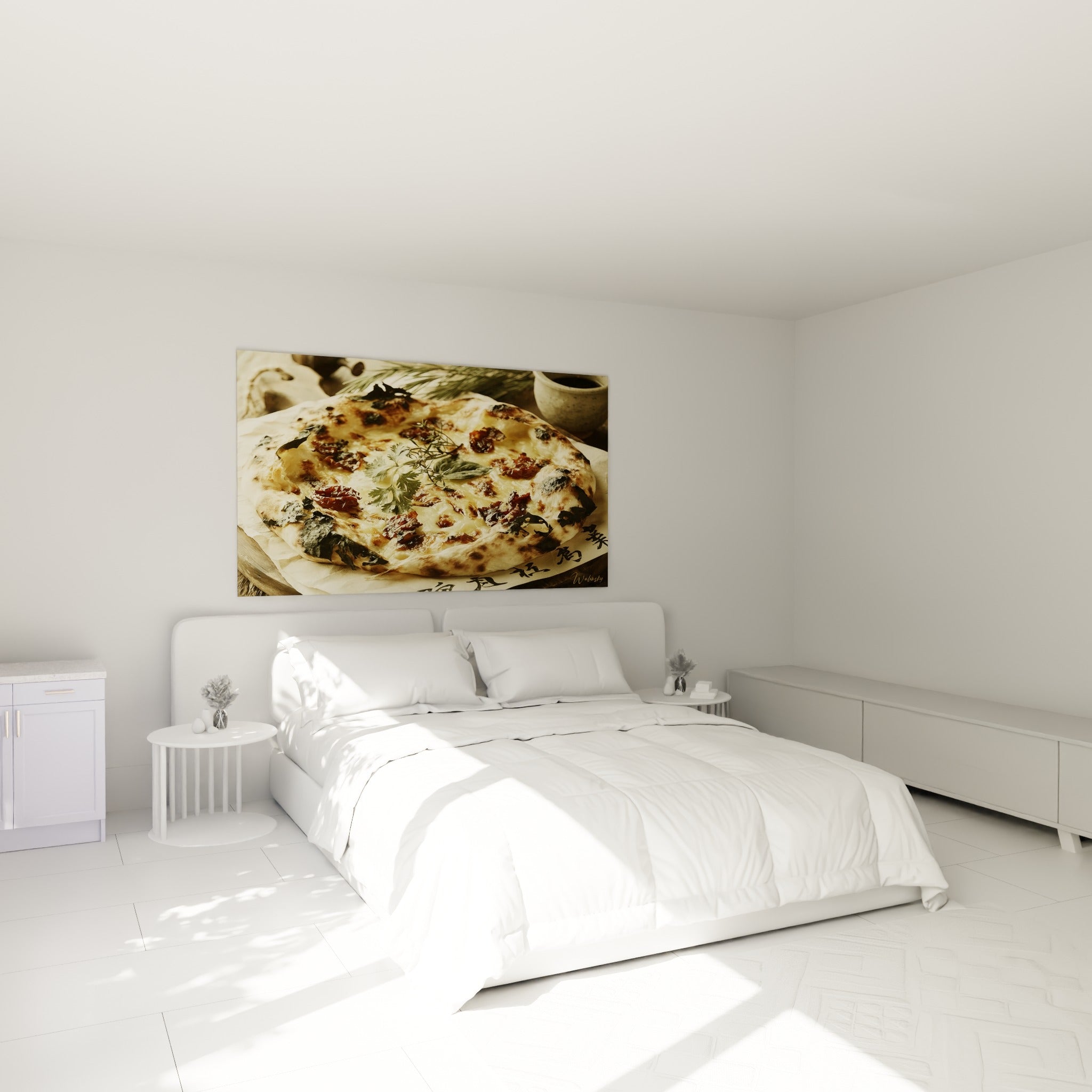 Croûte brune et fromage fondu d'une pizza artisanale au-dessus d'un lit dans une chambre claire