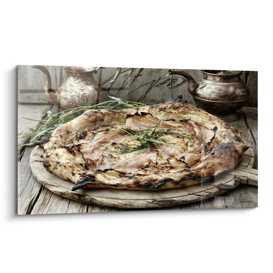 Dipinto Pizza dorata con rucola e prosciutto - Tavola di campagna - Edizione Pizza
