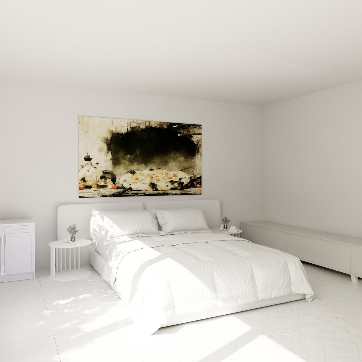 Pizza dorée aux tomates rouges et basilic vert, tableau accroché au-dessus d'un lit dans une chambre claire