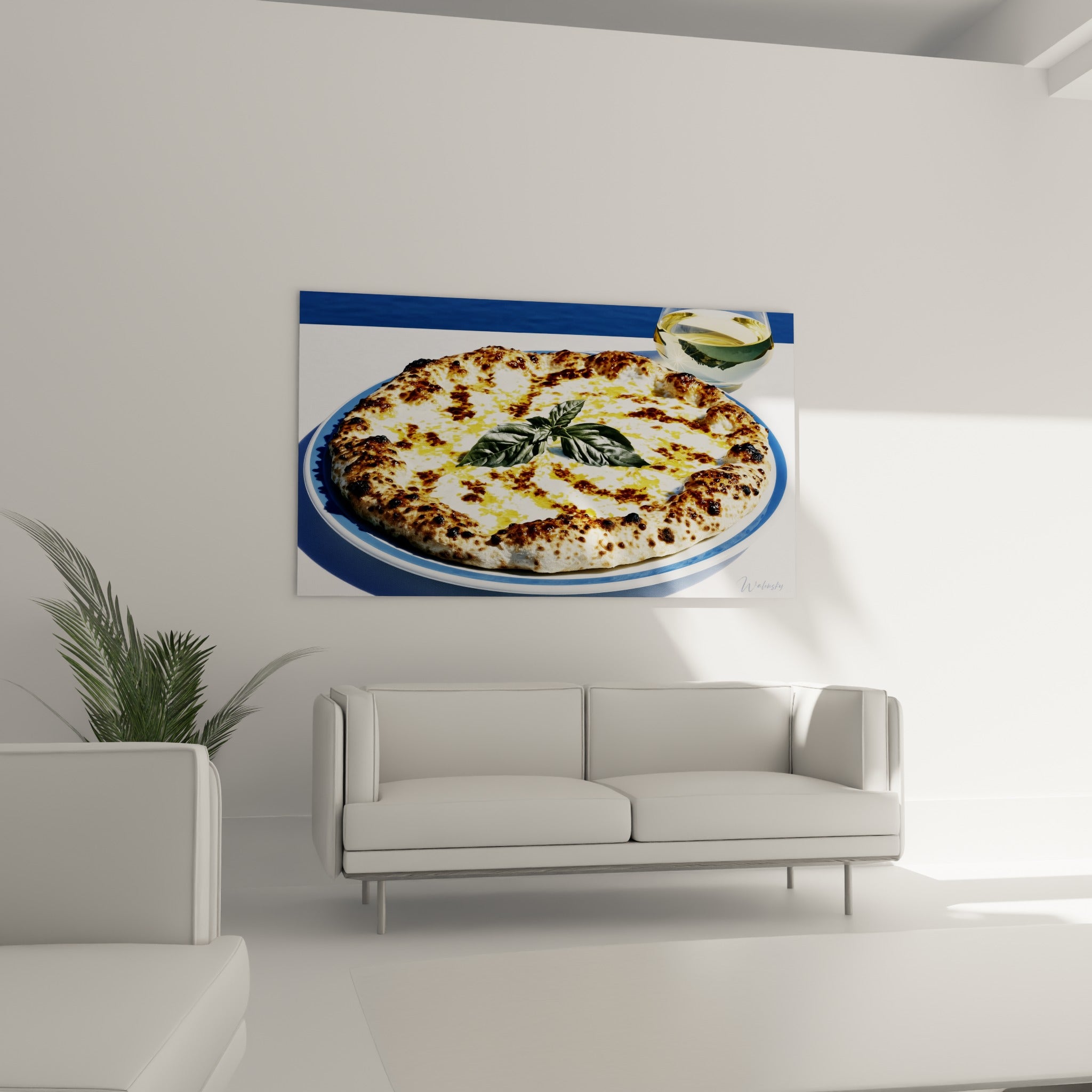 Croûte napolitaine ambrée et fromage blanc nappé d'huile, au-dessus d'un canapé dans un salon lumineux