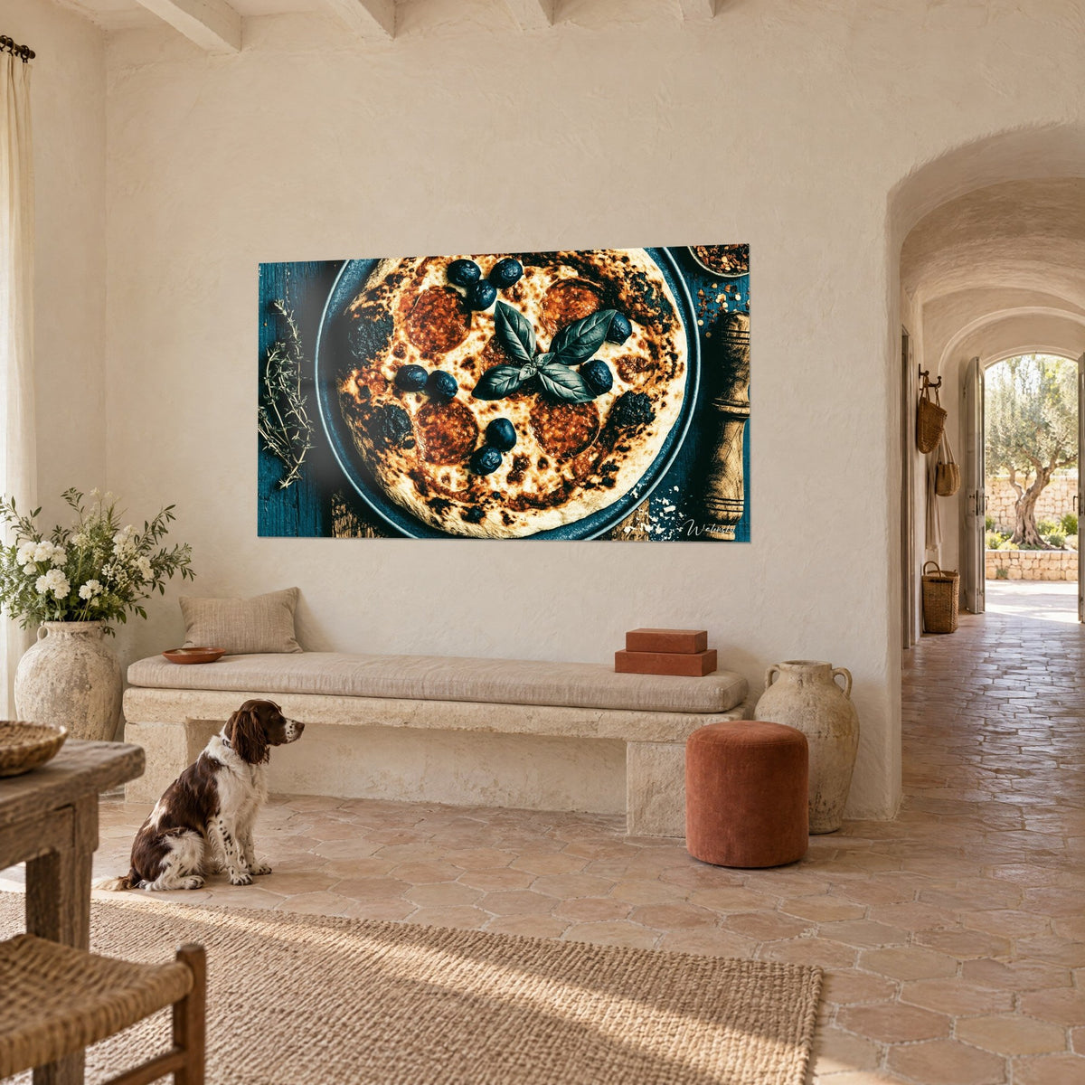 Gemälde Fladenbrot mit dunklem Basilikum und kupferfarbenen Chorizoscheiben, marineblauer Hintergrund, ein Spaniel sitzt in einem provenzalischen Landhaus