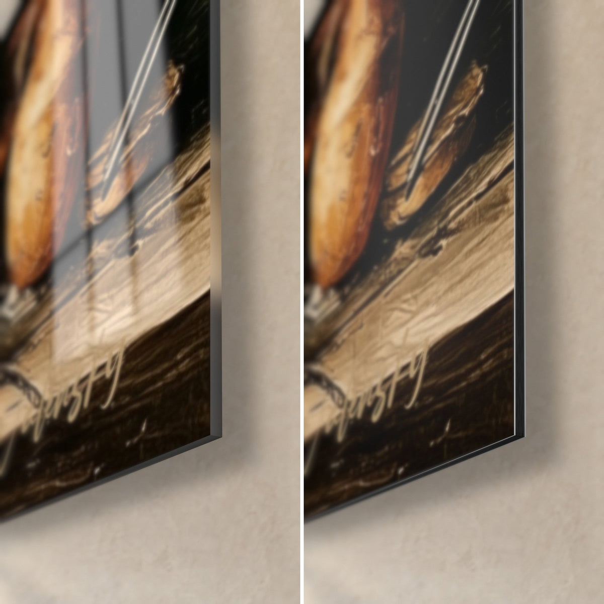 Cuadro horno de leña pintado con textura, esquina inferior derecha: vidrio acrílico negro brillante con reflejos, aluminio Dibond beige mate, canto de 3 mm