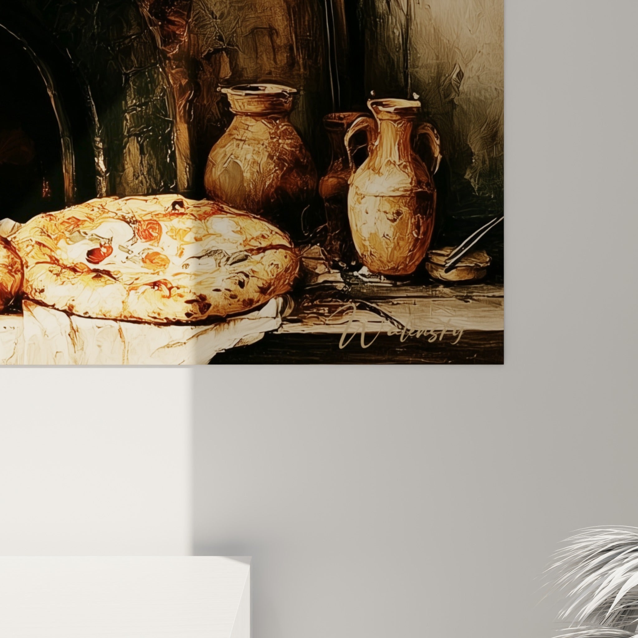 Détail du four à pizza montrant les empâtements ocre, les braises orangées et la pierre craquelée anthracite