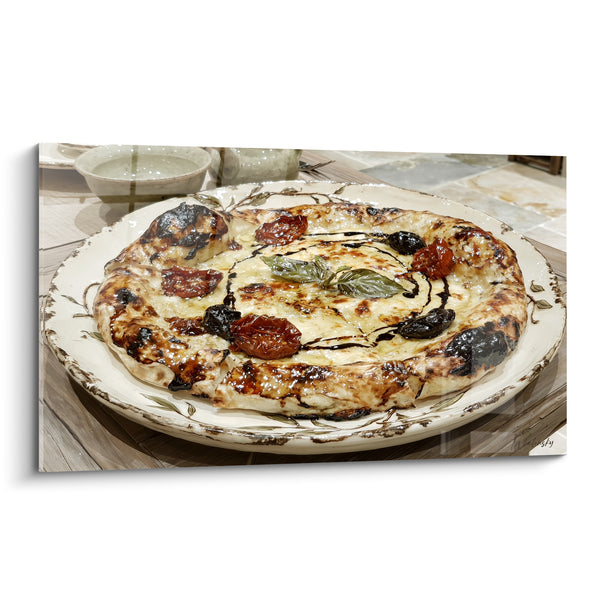 Tableau Pizza blanche et brune aux olives noires givrées - Motif floral en relief - Edition Pizza