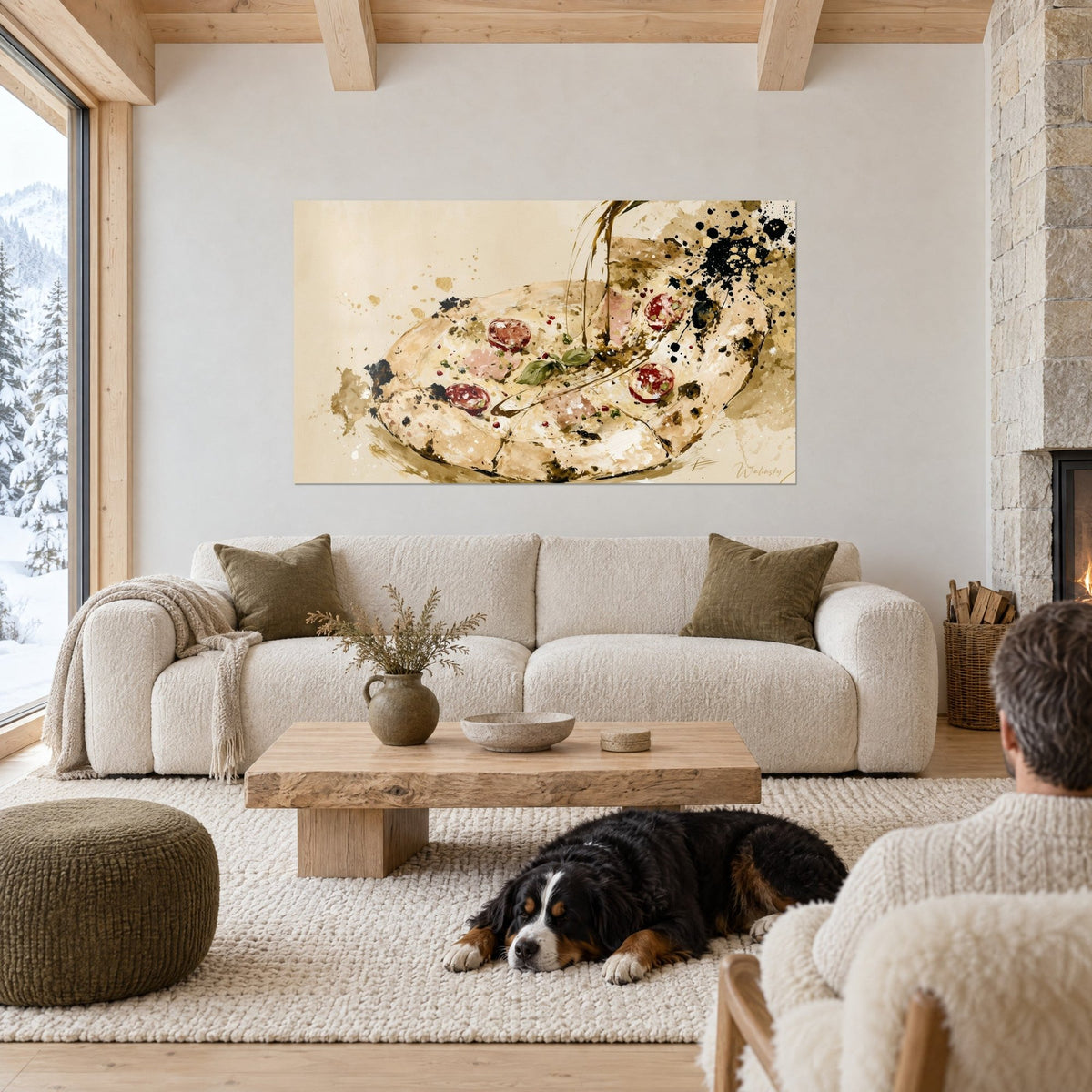 Gemälde Rustikale Pizza in Cremetönen mit roten Chorizoscheiben und schwarzen Spritzern, liegender Hund über einem Sofa in einem hellen Wohnzimmer