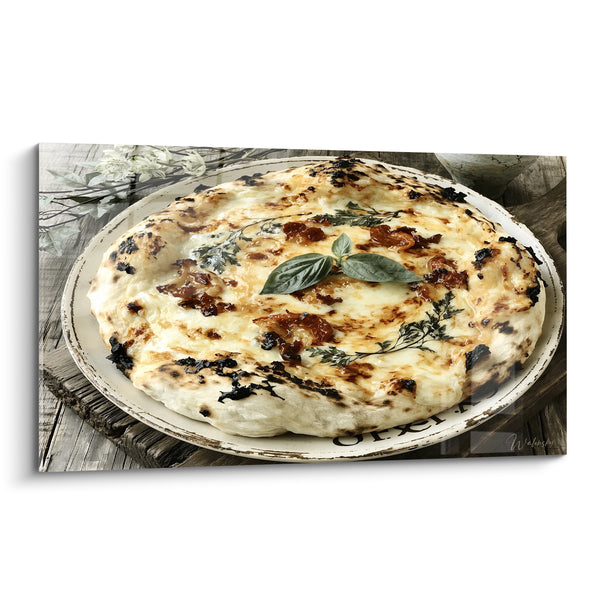 Tableau Pizza blanche au basilic sur assiette rustique - Repas artisanal - Edition Pizza
