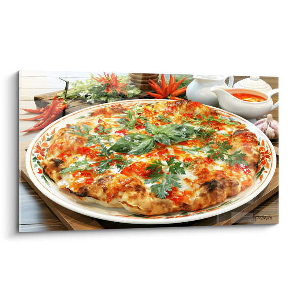 Tableau Pizza dorée assiette fleurie piments rouges - Sauciers en porcelaine blanche - Edition Pizza