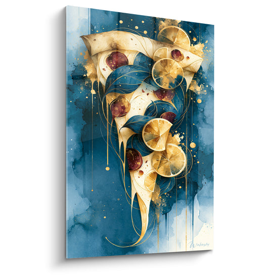 Tableau Part de pizza dorée sur fond bleu - Ruissellement doré - Edition Pizza