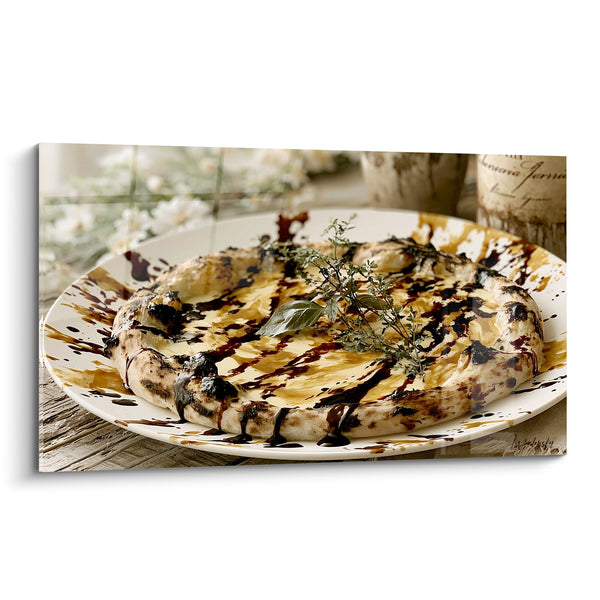 Tableau Pizza dorée aux coulures brunes et basilic - Table gourmande - Edition Pizza
