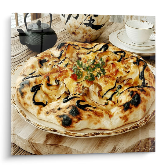 Pizza dorée aux coulures noires et persil vert, croûte brune craquante en plein cadre