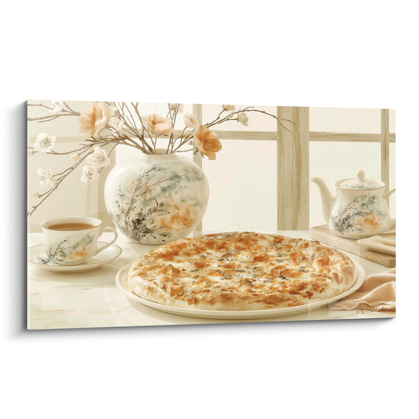 Tableau Pizza dorée nature morte fleurs pastel - Douceur matinale - Edition Pizza