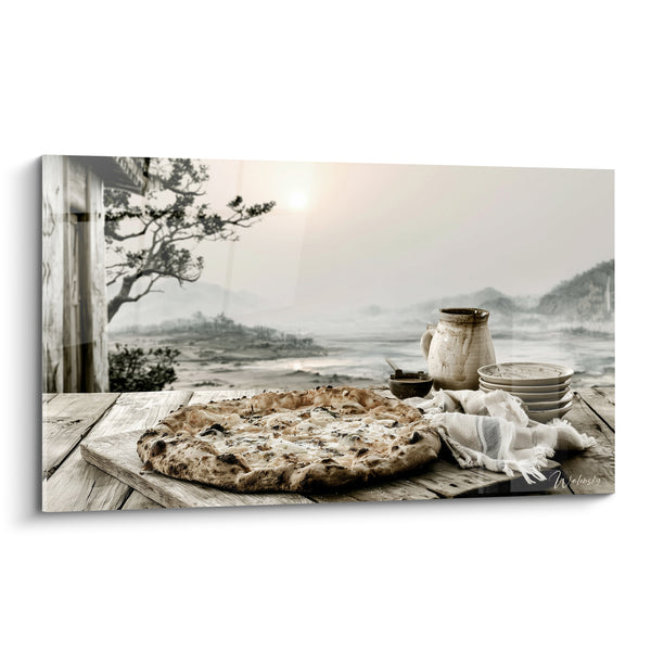 Tableau Pizza dorée sur planche de bois rustique - Aube paisible - Edition Pizza