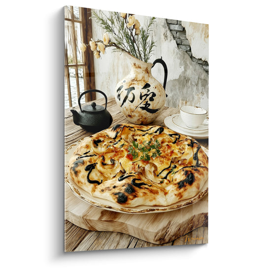 Tableau Pizza dorée et noire à la crème d'oignons confits - Cruche calligraphiée et théière noire - Edition Pizza