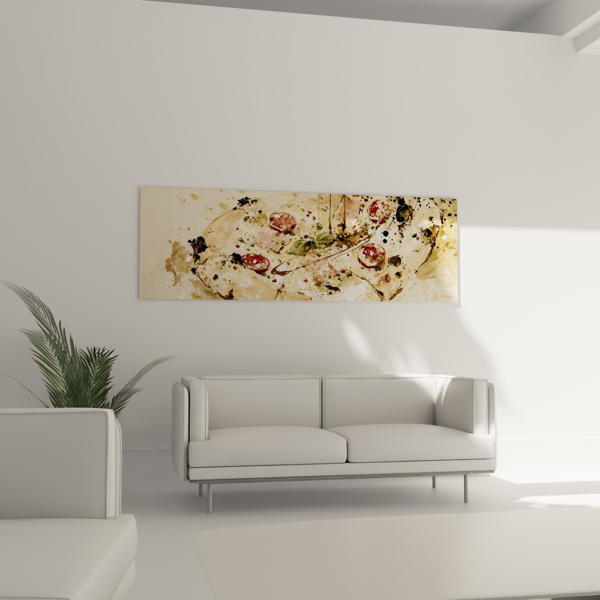 La composition éclatée de cette pizza aux touches dorées et rouges orne un mur au-dessus d'un canapé dans un salon lumineux.