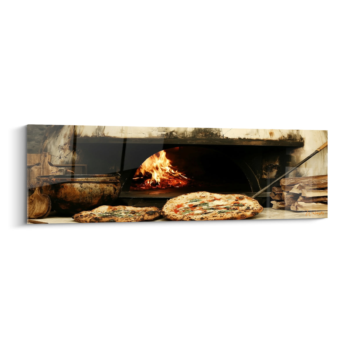Four à bois enflammé avec deux pizzas dorées, tons ocre et anthracite, four traditionnel