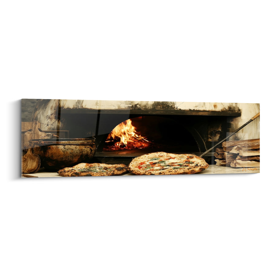 Tableau Four ocre et noir flammes vives devant marmite en cuivre - Pile de bûches - Edition Pizza