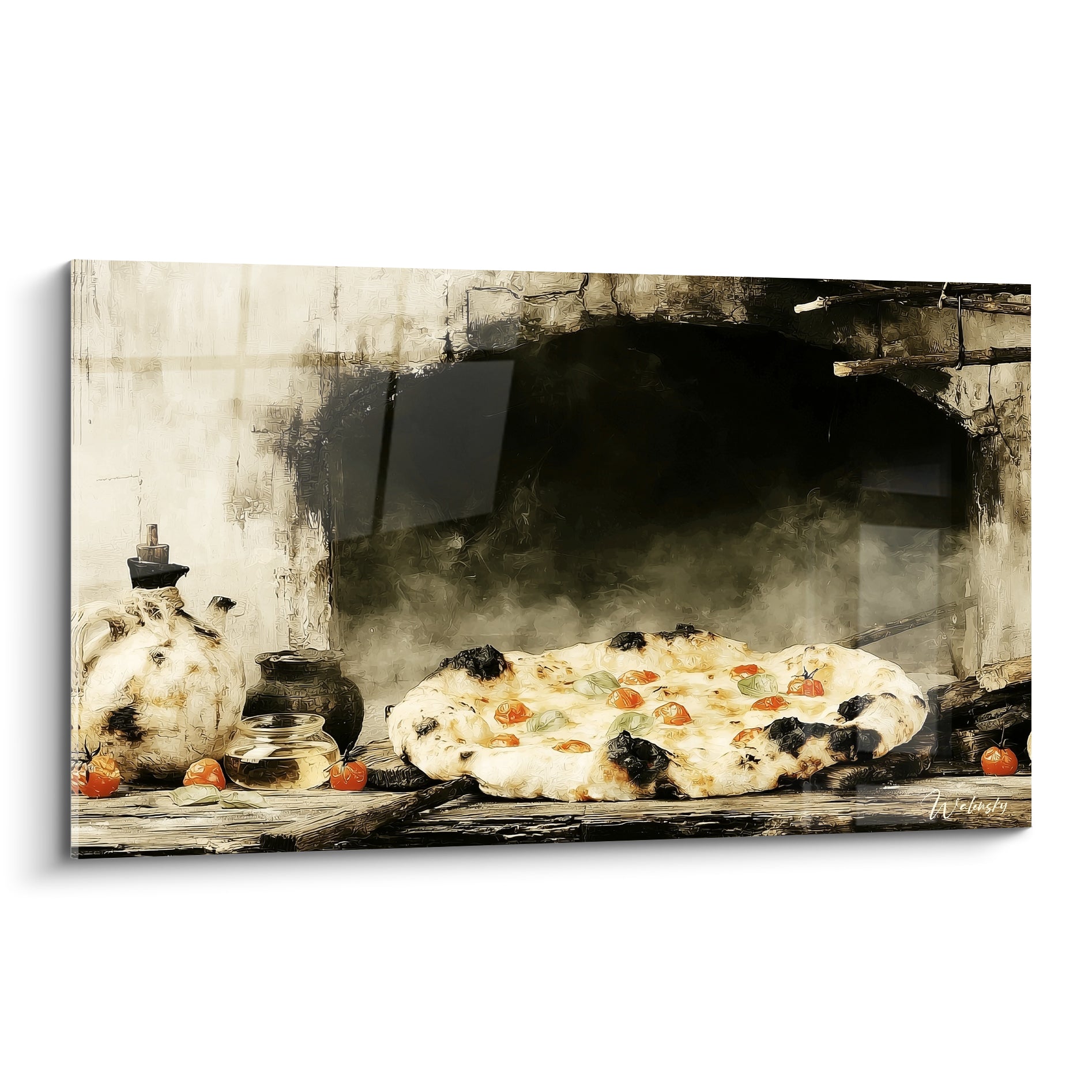 Pizza ocre et noire cuisant devant un four à bois anthracite, style peinture rustique